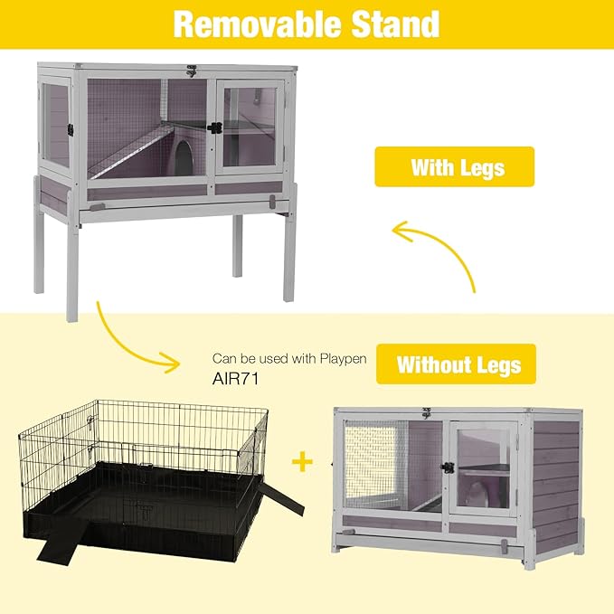 Aivituvin Rabbit Hutch with Stand Wooden Bunny Cage Indoor 2 Story Guinea Pig House with Anti Chew Ramp, No Leak Tray, Hideout, Wire Mesh (Gray)-PawvioPets
