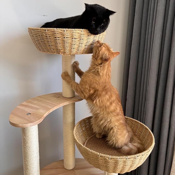 54" Large Modern Cat Trees, Luxury Rattan Oak Solid Wood Cat Trees Towers，3 Weaving Cat Nests & Washable Cool Cushions, Sisal Scratching Posts,Cat Condo for Indoor Cats- Wood Wax Oil Version-PawvioPets