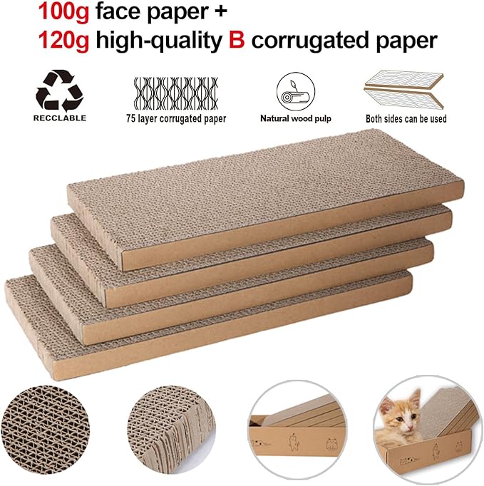 4 Packs in 1 Cat Scratch Pad with Box, Cat Scratcher Cardboard,Reversible,Durable Recyclable Cardboard, Suitable for Cats to Rest, Grind Claws and Play with Scratch Box-PawvioPets