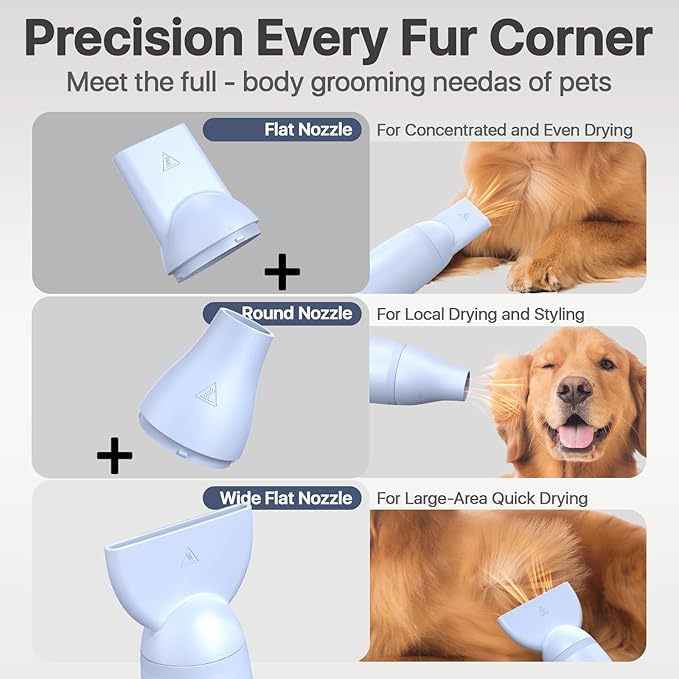 Dog Blow Dryer for Pet Grooming Handheld Lightweight Dog Cat Hair Dryer 3 Speeds 4 Temp, Portable 3HP High Velocity Pet Blower Quiet Dryer for Travel Campaign Home, with 3 Nozzles, Blue-PawvioPets