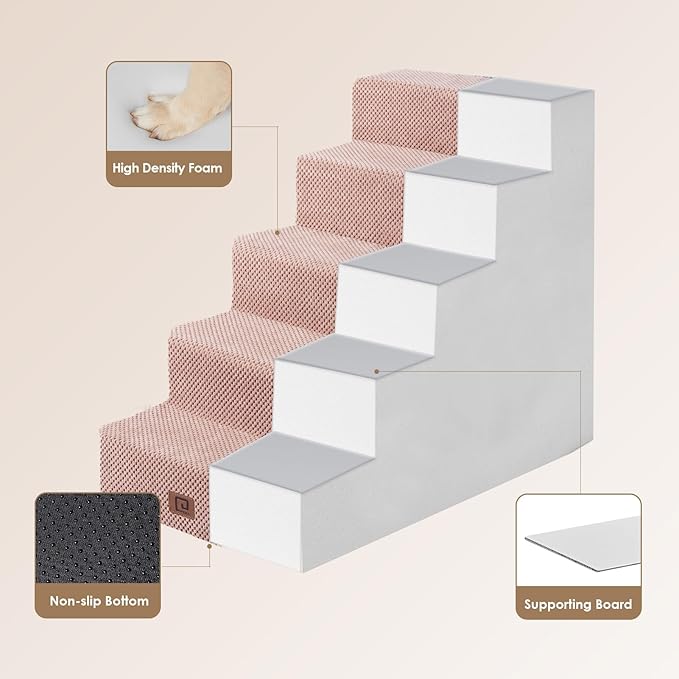EHEYCIGA Dog Stairs for High Bed 22.5" H, 5-Step Dog Steps for Bed, Pet Steps for Small Dogs and Cats, Non-Slip Balanced Pet Ramp Indoor, Pink-PawvioPets