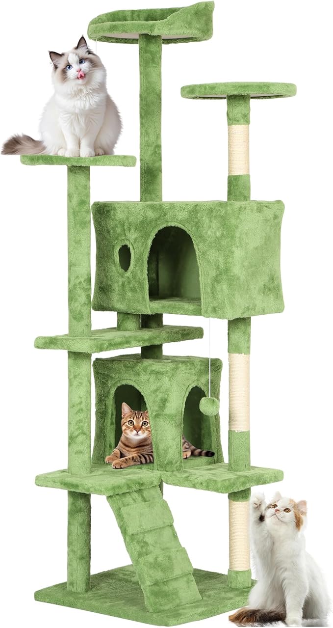 FDW Cat Tree 70in Cat Tower Multi-Level Durable Cat Scratching Post & Cozy Fun Cat Jumping Platform Space Saving Cat Condo Pet Play House for Indoor Cats,Green-PawvioPets