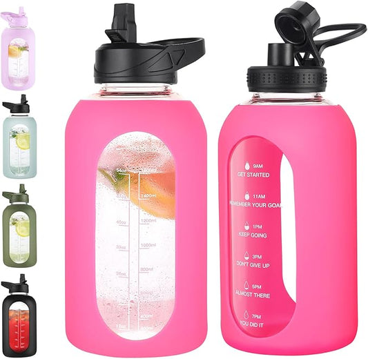 64 oz Glass Water Bottle With Straw and Handle, Half Gallon Sports Motivational Water Jug Flask with Silicone Sleeve, Large Water Cup with Time Marker for Travel, Gym, Hot Pink-PawvioPets