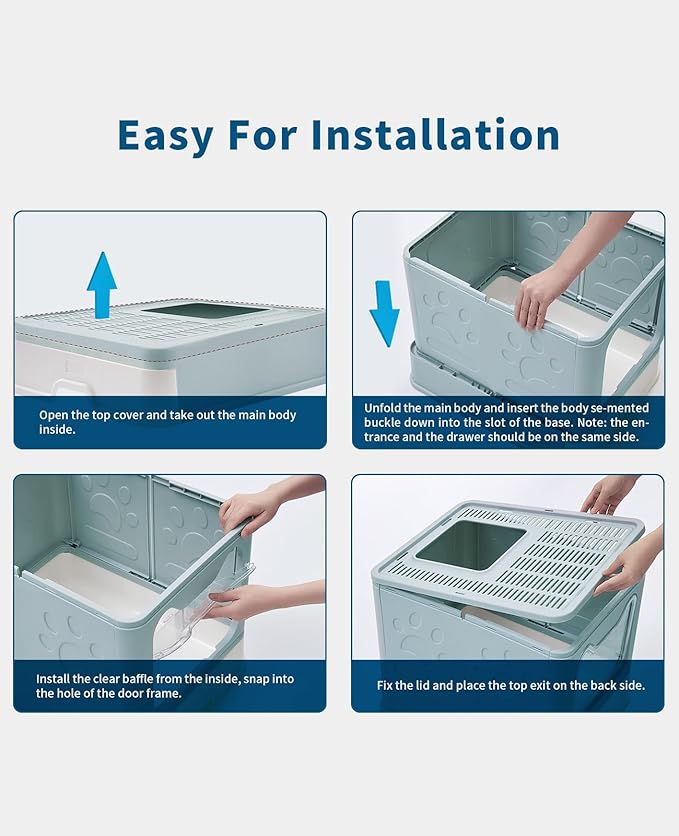 Cat Litter Box with Litter Mat and Scoop, Large Foldable Litter Box with Lid, Front Entry Top Exit Kitty Box, Odor Control, Easy to Clean (Blue)-PawvioPets