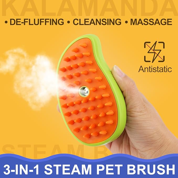 3 in 1 Cat Steamer & Brush - Silicone Massage Grooming Tool, Pet Hair Cleaning Comb for Cats & Dogs (Mango Green)-PawvioPets