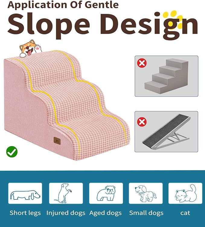 Dog Step for Bed, Dog Stair 3-Step 35D Pet Stair 15.7" H for High Bed or Sofa Non-Slip Balanced Pet Step Indoor, Pink-PawvioPets