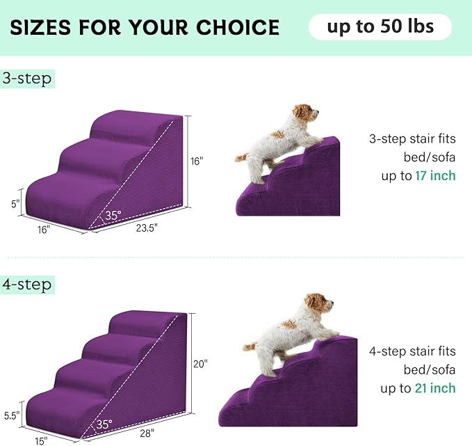 Dog Steps for Small Dogs, 3-Step Dog Ramp and Stairs for High Beds and Sofa, Non-Slip Pet Stairs Removable and Easy to Clean Cover, Purple-PawvioPets