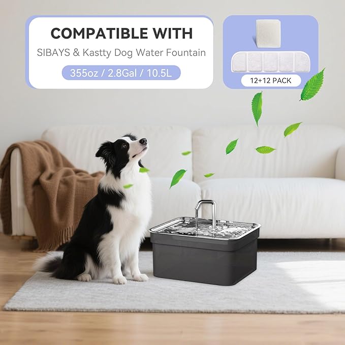 12 Pack Replacement Filter for SIBAYS & Kastty 355oz / 2.8Gal / 10.5L Large Dog Water Fountain, Coconut Shell Activated Carbon Pet Water Fountain Filters with 12 Pack Sponges-PawvioPets