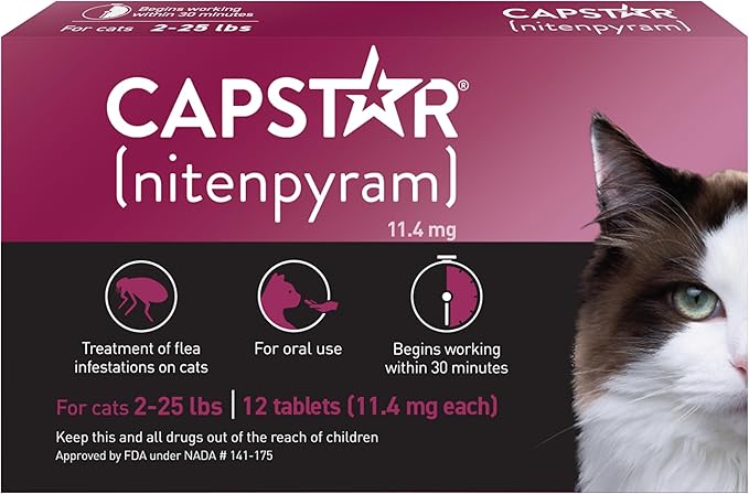 Capstar (nitenpyram) for Cats, Fast-Acting Oral Flea Treatment for Cats 2-25 lbs, Vet-Recommended Flea Medication Tablets Start Killing Fleas in 30 Minutes, 12 Doses-PawvioPets