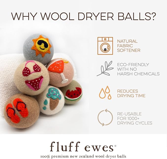 Fluff Ewes Wool Dryer Balls 6 Pack Premium New Zealand Wool Laundry Balls for Dryer, No Static Dryer Balls Laundry Reusable, XL Wool Dryer Balls Cute, Baby Dryer Balls for Dryers - Fun in The Sun-PawvioPets