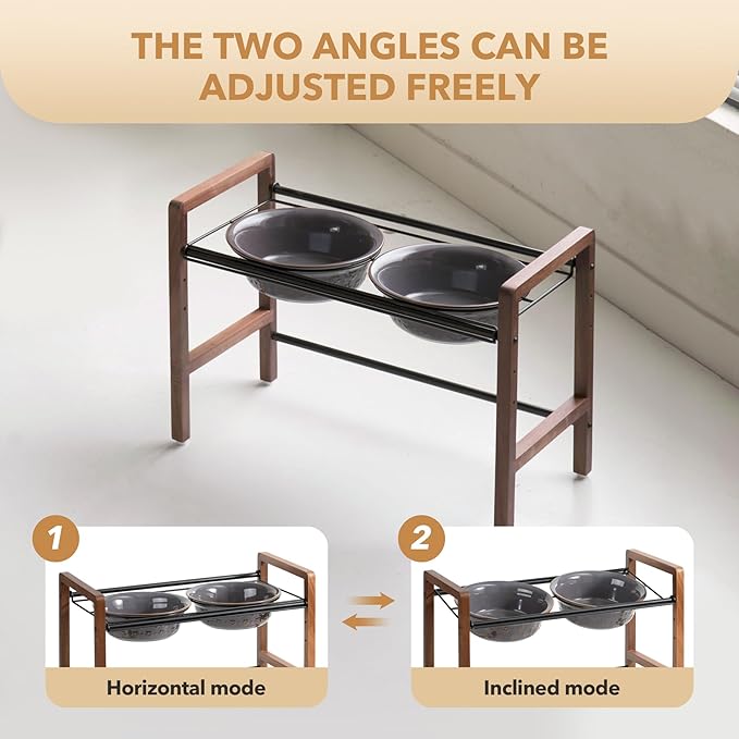 8.7inch Ceramic Adjustable Raised Double Bowls Set with Stand, 3 Heights Elevated, 2 Placement Options,Food and Water Dishes for Large Dog(Double Bowls+Stand, Reactived Glaze -Grey)-PawvioPets