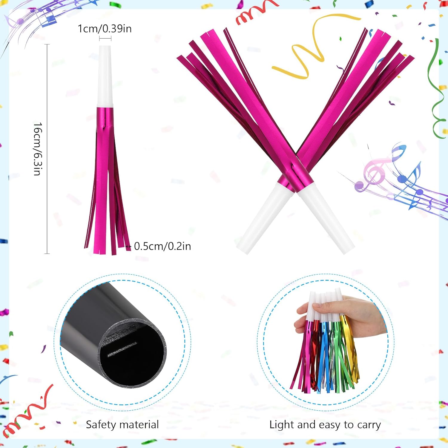 Metallic Fringed Noise Makers, for Noise Makers Party Favors, New Year Party, Baby Shower, Kids Birthday, 24 Pcs, Rose Red