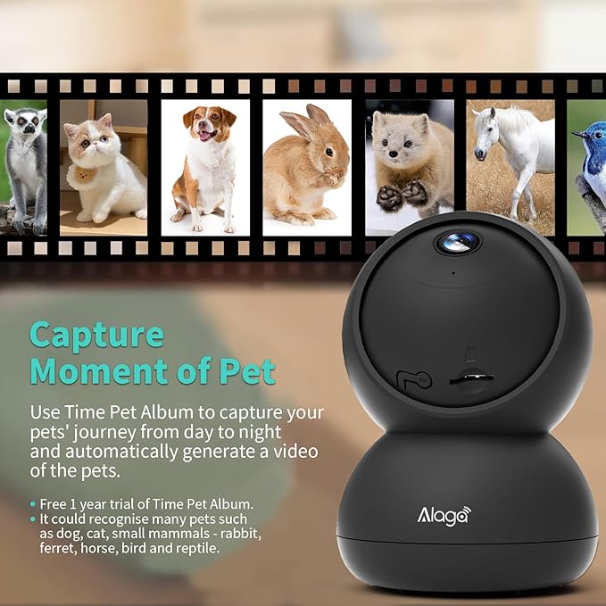 Alaga 3K Pet Camera, Dog Monitor with Phone App, 360° Pan/Tilt, Night Vision, Speaker, WiFi Cameras for Dog/Cat, Compatible with Alexa & Google Assistant, Black, Includes 1-Year Pet Time Album-PawvioPets