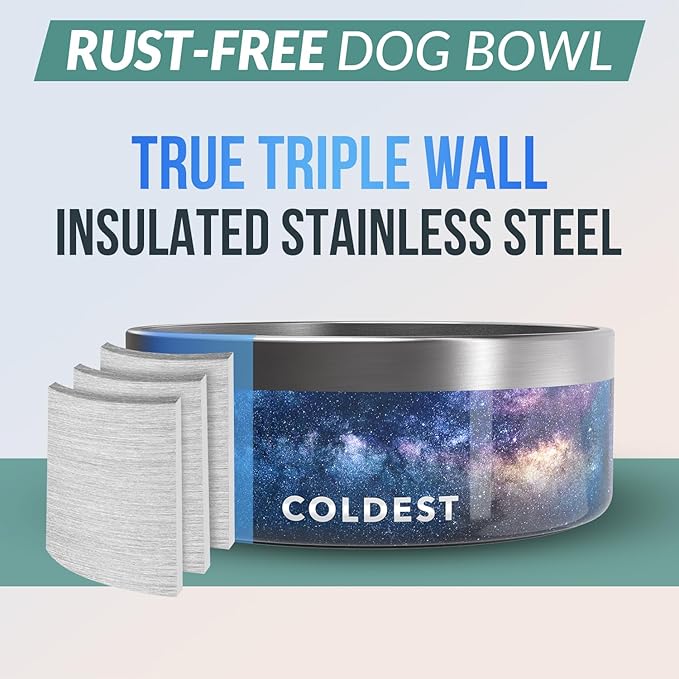 Coldest Dog Bowl - Anti Rust Metal, Non Slip, 3 Layers Insulated Stainless Steel Dog Bowls - Spill Proof & Heavy Duty - Water Bowl for Dogs, Cats & Pets, Dish Washer Safe (64 oz, Into The Beyond)-PawvioPets
