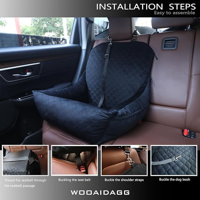 Dog Car Seat for Small Dogs Up to 25 lbs,Covered Ultra-Soft Fabric and Fill in Memory Foam,Fully Detachable and Washable,2 Clip-On Safety Leashes and Storage Pockets(Black)-PawvioPets