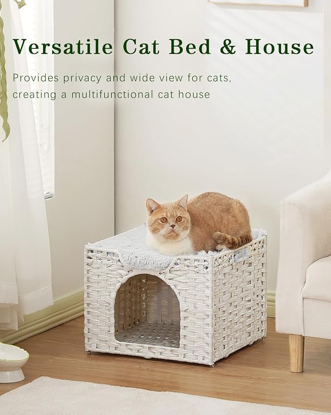 Cat Beds Indoor Kitten House, Handwoven Rattan Cat Cave Pet Cube, Large Cat Houses, One Bed Mat, Foldable, Hideaway, 16.5x16.5x13.2 Inches, 2 S-Shaped Hooks in Living Room Bedroom White-PawvioPets