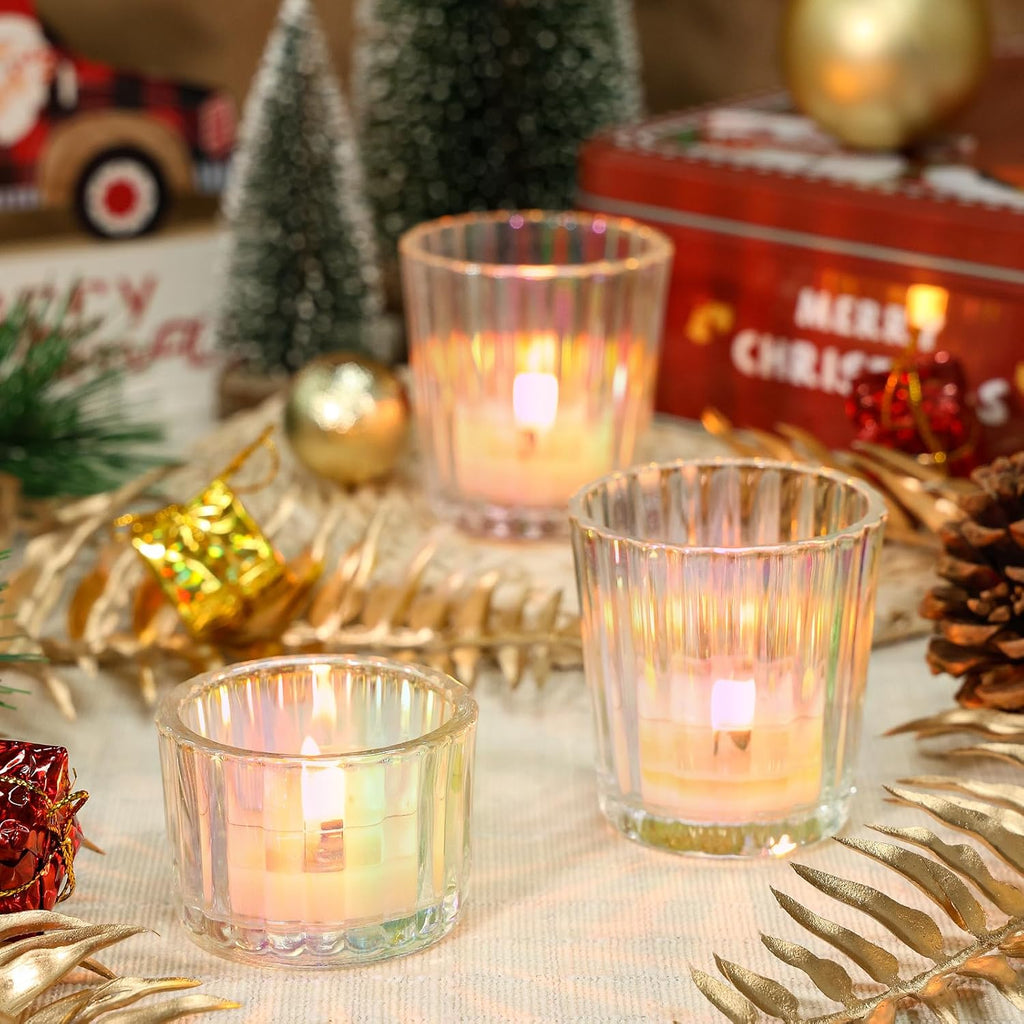 24 Pcs Ribbed Iridescent Votive Candle Holders - Glass TeaLight Candle Holders for Weddings, Baby Showers, Home Décor, Party Centerpieces, and Table Decorations