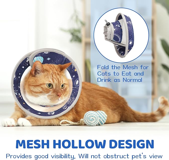 Breathable Air Mesh Cat Cone Collar Soft to Stop Licking, Adjustable, Foldable Lightweight Kitten Cones After Surgery Recovery for Cats & Kittens (Star Blue, L)-PawvioPets