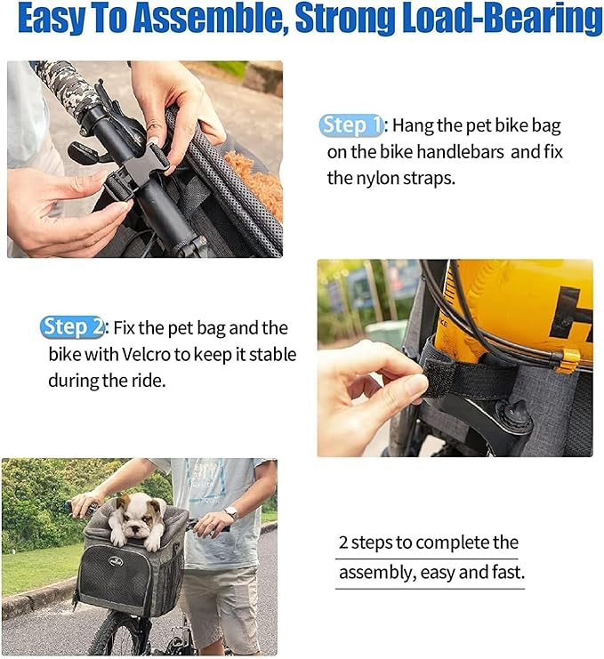 Dog Bike Basket Carrier, Pet Bicycle Front Carrier Backpack for Bike Riding Foldable Removable, Reflective Strips, 2 Side Storage Pockets, Pet Travel Bag for Cats Small Dogs-PawvioPets