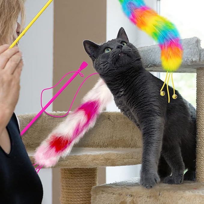 2 Pack Cat Wand Toy, Rainbow Cat Feather Toys with Bells, Teaser Wand with Soft Furry Tail, Interactive Toys for Indoor Cats & Kitten & Kitty-PawvioPets
