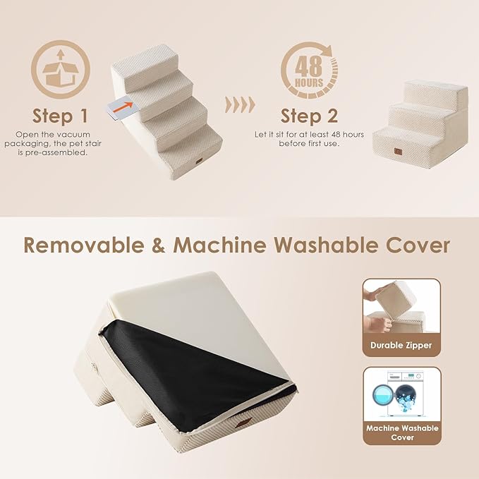 EHEYCIGA Dog Stairs for Small Dogs 13.5" H, 3-Step Dog Steps for Couch Sofa and Chair, Pet Steps for Medium Cats, Non-Slip Balanced Pet Ramp Indoor, Beige-PawvioPets