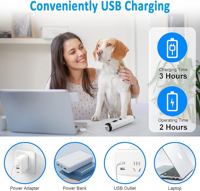 Casfuy Dog Nail Grinder with 2 LED Light for Large Medium Small Dogs - 3X More Powerful 2-Speed Electric Pet Nail Trimmer Rechargeable Quiet Painless Paws Grooming & Smoothing Tool (White)-PawvioPets