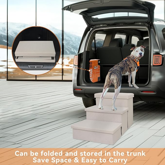 Dog Stairs with Storage 18" H, 3-Step Wider Dog Steps for Small/Medium/Large Old Dogs Cats, Folding Sturdy Pet Stairs Climbing Bed or Couch, Ramp for Car Up to 200 lbs (Beige, No Condo)-PawvioPets