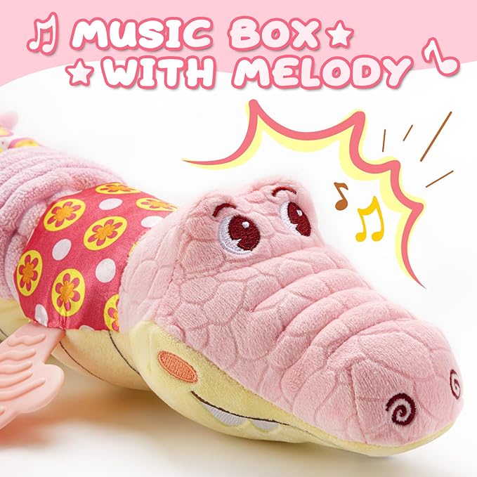 Baby Toys 0 to 12 Months, Musical Stuffed Animal Activity Soft Toys with Multi-Sensory Crinkle, Rattle and Textures,Infant Tummy Time Toys for Newborn Boys Girls, Crocodile, Pink-PawvioPets