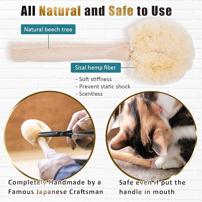 Cat Grooming Massage Tawashi Brush with Wood Handle Less Static Natural Sisal fiber Made in Japan (Type-B)-PawvioPets
