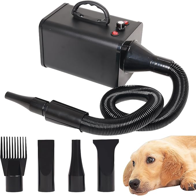 2400w 75m/s Dog Dryer for Pet Grooming, High Velocity Pet Hair Dryer with Heater, Adjustable Speed, 4 Nozzles and a Comb, Black-PawvioPets