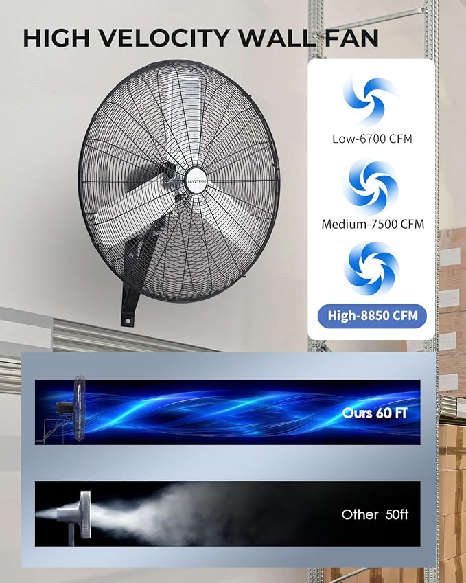 30 inch Wall Mount Fan Oscillating, 3-Speed 8850 CFM High Velocity Industrial Wall Mounted Fan, Heavy Duty Air Circulator for Garage, Shop, Gym, Workshop, Covered Patio - UL Listed-PawvioPets