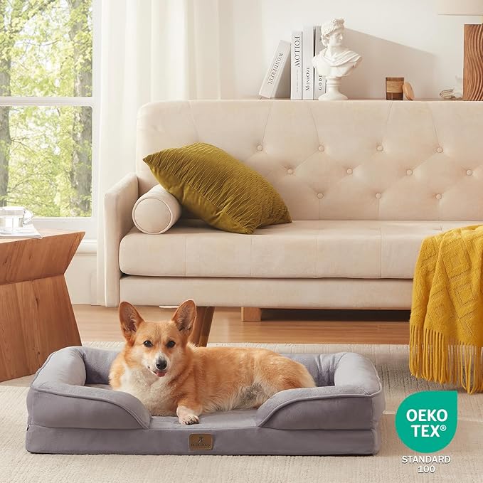 Bedfolks Orthopedic Dog Bed, Waterproof Dog Sofa Bed for Large Dogs, Egg Foam Pet Couch Bed with Removable Washable Cover and Nonslip Bottom, Light Grey-PawvioPets