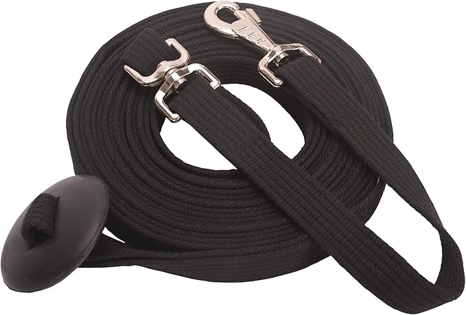 Cord Cotton Lunge Line with Rubber Stop，Equine Lunge Line for Horses with Swivel Bolt Snap，24 ft (Black, 24ft)-PawvioPets