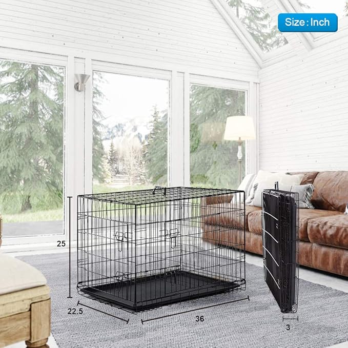 BestPet | Dog Crate | 36" | Black | Foldable Metal Kennel with Double Doors, Secure Slide-Bolt Latches, Leakproof Tray | Portable Dog Cage for Medium Sized Breeds | for Travel, Indoor & Outdoor Use-PawvioPets