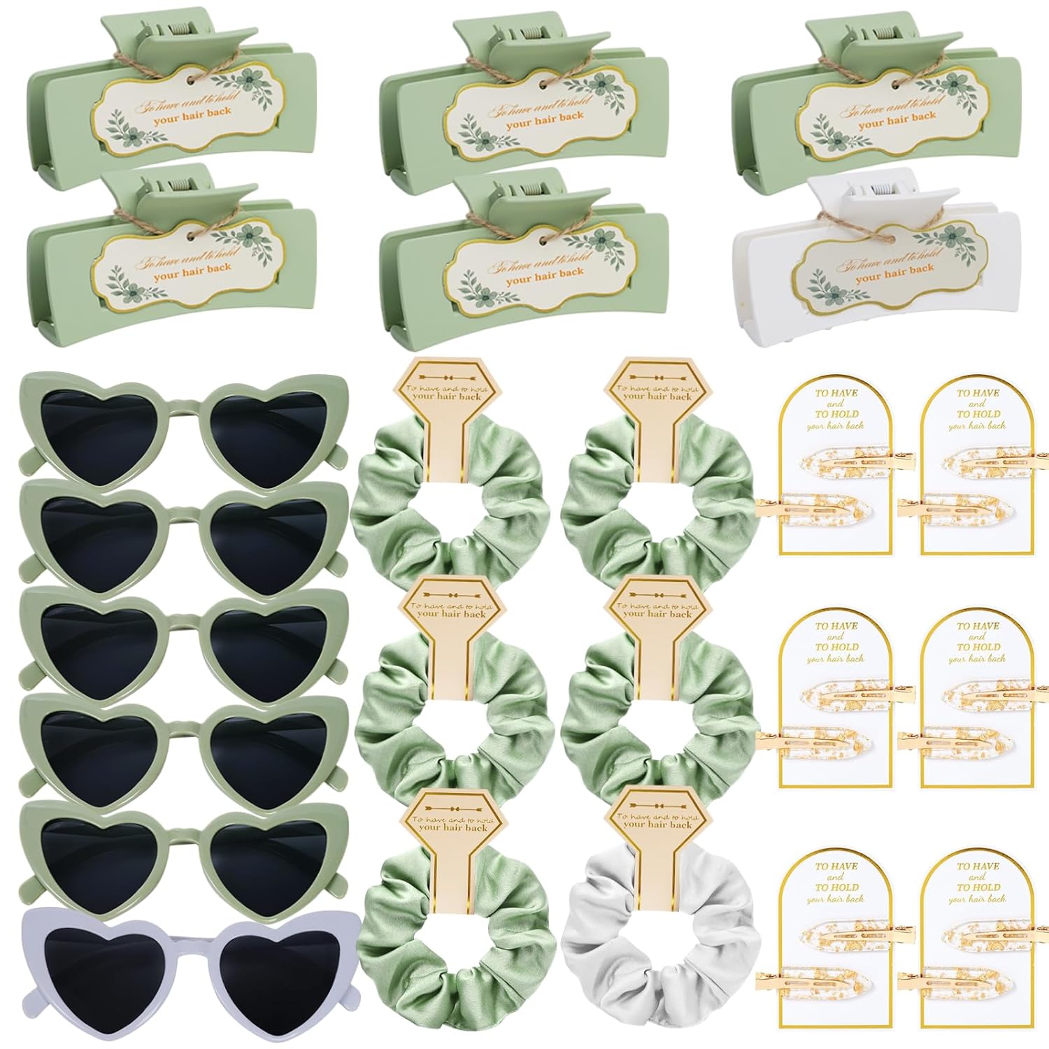 Sage Green Bridesmaid Gifts for Proposal, 6PCS Girls Gift Set with Hair Claws, Scrunchies, Makeup Clips & Heart Sunglasses, Wedding Bachelorette Party Favors, Birthday Gifts for Women Teens