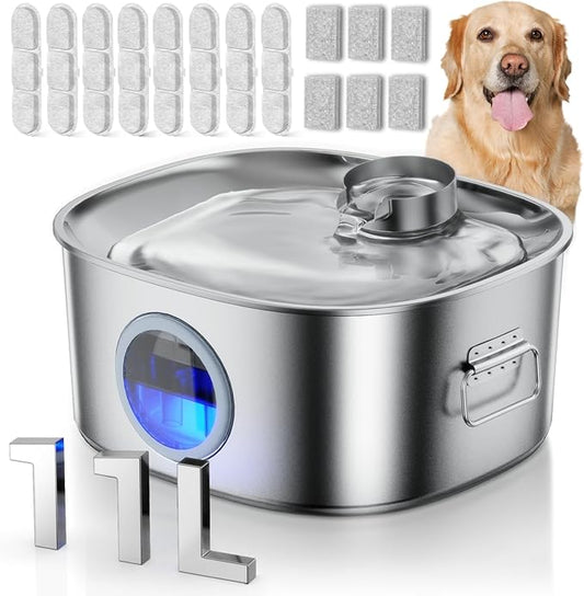 Dog Water Fountain Stainless Steel, 11L/2.8Gal Large Pet Water Fountain for Large Dogs Inside, Dog Fountain Water Bowl Automatic Dispenser with Visible Window & LED, Ultra Quiet (with 8pcs Filters)-PawvioPets