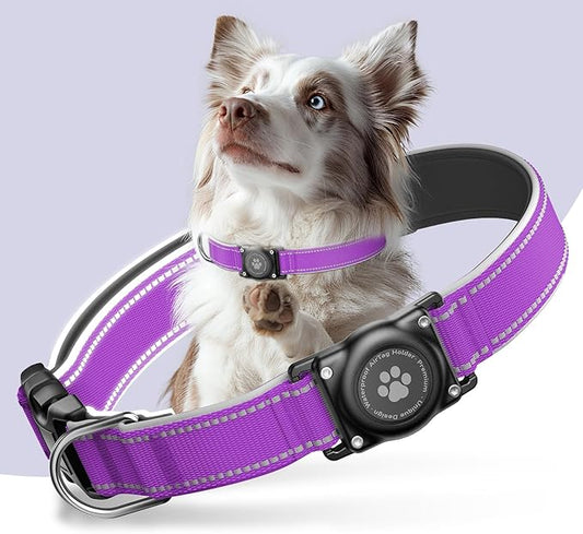 Airtag Dog Collar - 100% Waterproof Air tag Dog Collar Holder for Apple AirTag, Reflective, Soft Padded, Everlasting, GPS Dog Collar for Small Medium Large Dogs (Purple, L)-PawvioPets