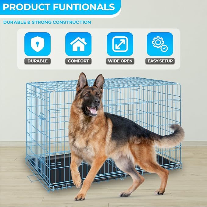 FDW Dog Crate for Large Dogs 42 Inch Folding Metal WirePet Cage Double Door W/Divider Panel Indoor Outdoor Kennel Leak-Proof Plastic Tray,Blue-PawvioPets