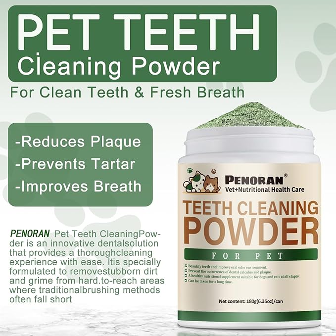 Dog Dental Powder, 6 oz, Dog Teeth Cleaning Powder & Cat Breath Freshener, Plaque Off Pet Tooth Cleaning - Combating Dental Plaque, Tartar Cleaning and Removal, Fighting Bad Breath, Oral Care-PawvioPets