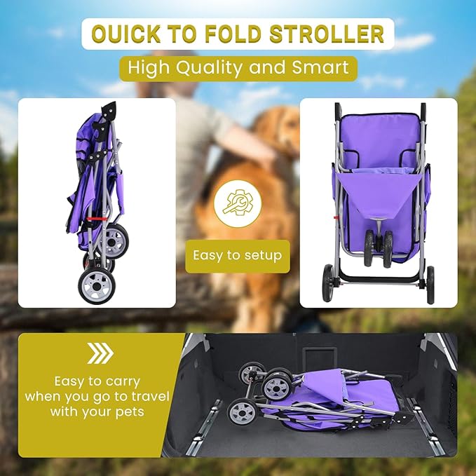Foldable Pet Stroller,Dog Stroller with 3 Wheel,Pet Strolling Cart,Dog Travel Carrier with Storage Basket and Cup Holder for Dog Puppy,Purple-PawvioPets