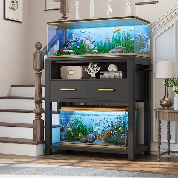 20-29 Gallon Aquarium Stand with Stable Metal Frame & Power Outlet, Heavy-Duty Fish Tank Stand with Waterproof Mat, 550LBS Capacity Storage Cabinet, Black-PawvioPets