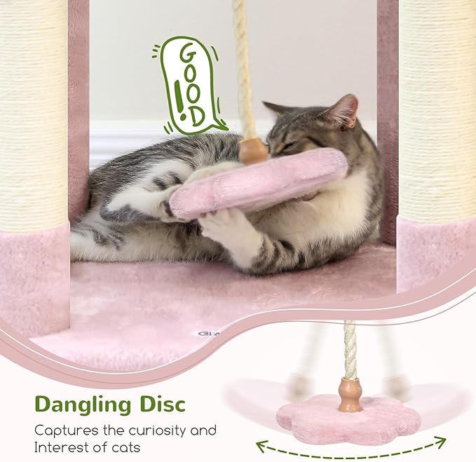 Globlazer Pink Cat Tree, 70 inch Tall Scratching Tower Multi-Level Cat Condo for Indoor Multiple Cats with 2 Large Cat Caves, Top Perch, Large Platform, Bottom Swing, F70B, Pink-PawvioPets