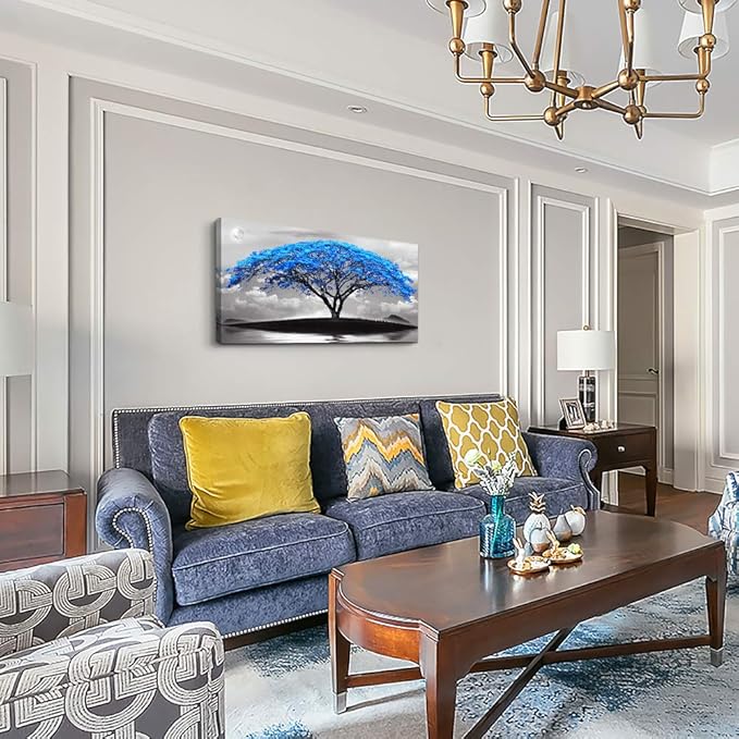 canvas wall art for living room bathroom Wall Decor Black and white landscape Blue tree moon painting to Hang Home Decorations for office bedroom kitchen Works canvas Prints pictures 20" x 40"inch-PawvioPets