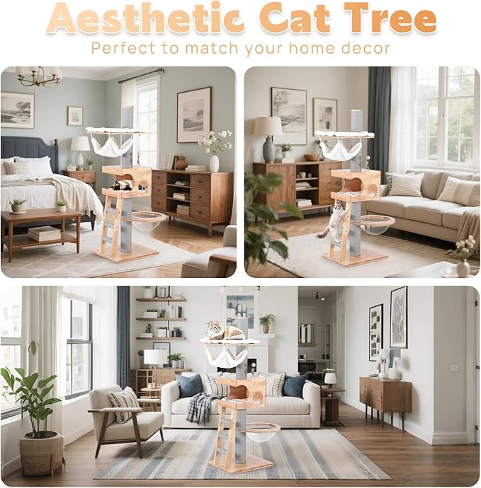 63-inch Modern Cat Tree, Luxury Cat Tower with Scratching Post, Unique Cat Condo with Hammock, Heavy Duty Kitty Climbing Tree for Indoor Cat, Wooden Kitty House for Small Medium Large Cats-PawvioPets