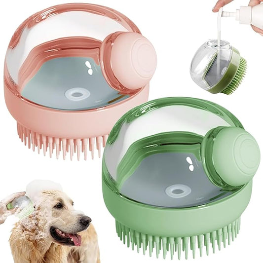 Dog Bath Scrubber Brush, 2 PCS Pet Dog Grooming Massage Shampoo Bath Brush with Soap and Shampoo Dispenser Soft Silicone Bristle for Long Short Haired Dogs Cats Shower-PawvioPets