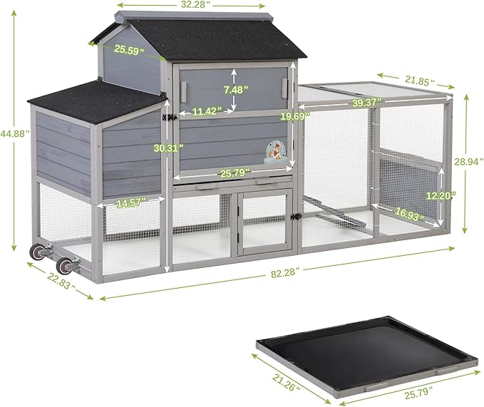 COZIWOW 82" Large Wooden Chicken Coop, Outdoor Rabbit Hutch, Guinea Pig Pet House with Wheels, Sunshine Board, Asphalt Roof, Ramp, Openable Top, Door, Window, Pull-Out Tray, Indoor Bunny Cage (Gray)-PawvioPets