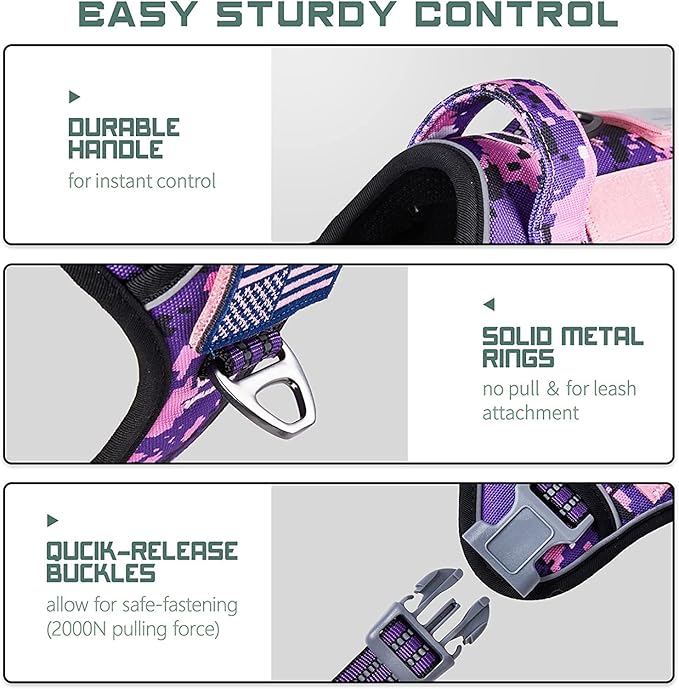 BUMBIN Tactical Dog Harness for Small Dogs No Pull, Famous TIK Tok No Pull Puppy Harness, Fit Smart Reflective Pet Walking Harness for Training, Adjustable Dog Vest Harness with Handle Purple Camo XS-PawvioPets