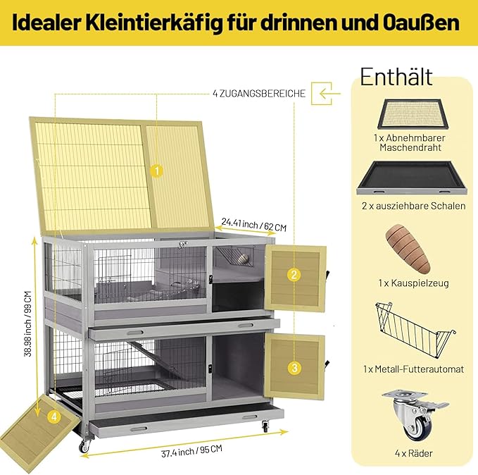 Aivituvin Rabbit Hutch Rabbit Cage Outdoor & Indoor on Wheels Bunny cage with Deep No Leak Pull Out Tray,Upgrade Version (Gray)-PawvioPets