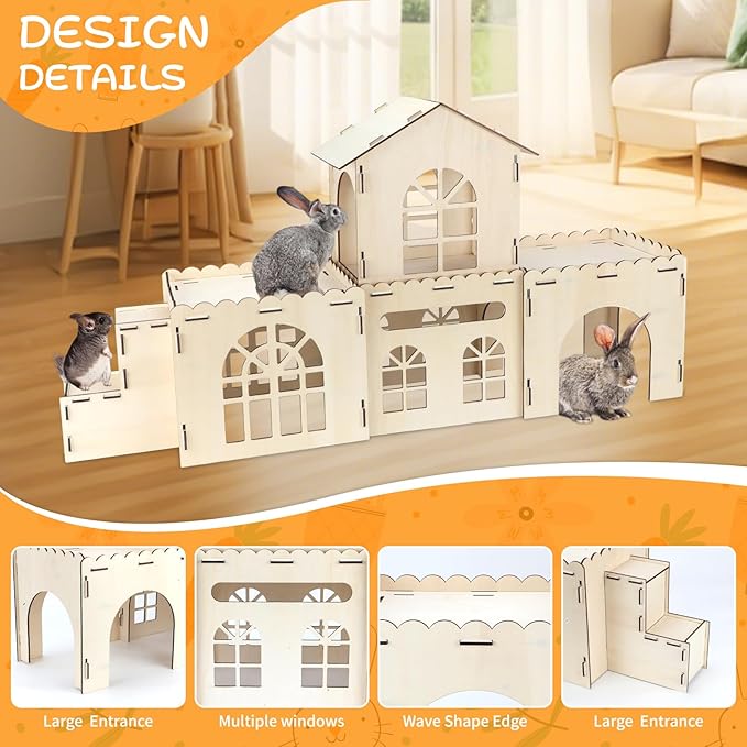 Extra Large Bunny Castle Hideout, Wooden Bunny House and Hideouts Detachable Rabbits Hideaway, Indoor Rabbit Castles Sturdy Small Animal Play Hideaway Hut for Rabbits, Guinea Pigs, Chinchillas-PawvioPets