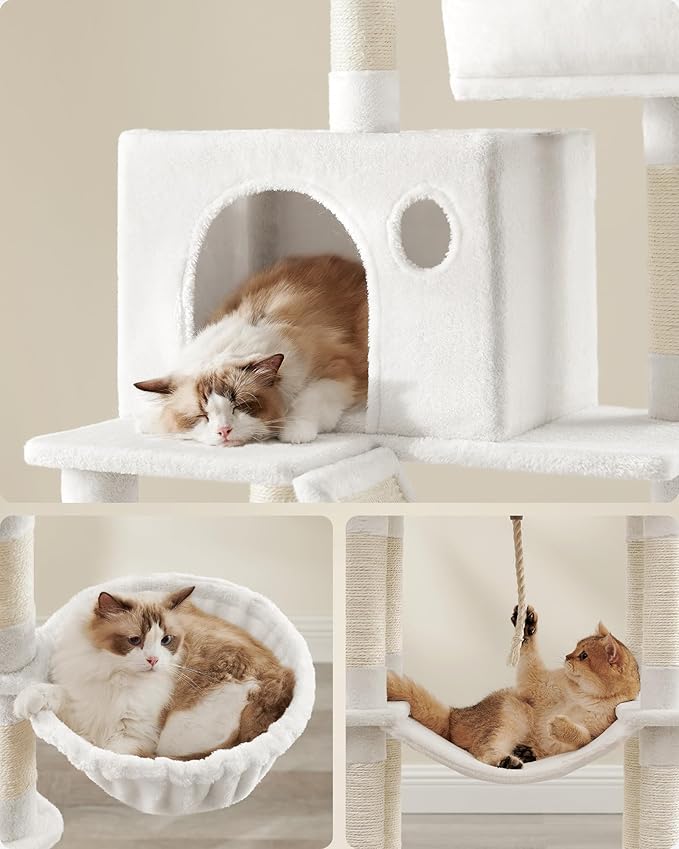 Feandrea Cat Tree, 81.1-Inch Large Cat Tower with 13 Scratching Posts, 2 Perches, 2 Caves, Basket, Hammock, Pompoms, Multi-Level Plush Cat Condo for Indoor Cats, Cream White UPCT190T01-PawvioPets